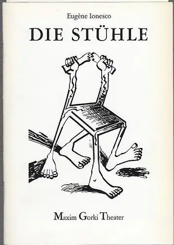 Maxim  Gorki Theater Berlin.  Eugene Ionesco: Die Stühle.  Spielzeit  1992 / 1993. Intendant  Albert Hetterle.  Regie Martin Meltke.    Ausstattung Henning Schaller.   Dramaturgie Manfred Möckel.    Darsteller Hansjürgen Hürrig / Monika Lennartz. 