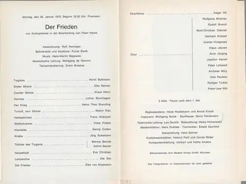 Schiller Theater Berlin.   Aristophanes. Bearbeitung von Peter Hacks: Der Frieden. Spielzeit 1969 / 1970. Heft 209. Generalintendant Boleslaw Barlog.   Inszenierung.. 