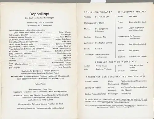 Schiller Theater Werkstatt. Berlin.   Gerlind Reinshagen: Doppelkopf. Spielzeit 1968 / 1969.Heft 199. General Intendant Boleslaw Barlog.  Inszenierung Max P. Amman. Kostüm /.. 