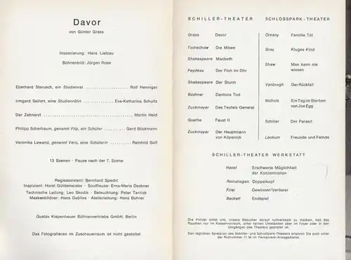 Davor. Spielzeit 1968 / 1969. Heft 203. General-Intendant Boleslaw Barlog.  Inszenierung  Klaus Lietzau.  Bühnenbild  Jürgen Rose.   Darsteller Rolf Henniger / Eva-Katharina Schultz / Martin Held / Gerd Böckmann / Reinhild Solf