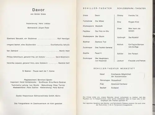 Schiller-Theater Berlin.  Günter Grass: Davor. Spielzeit 1968 / 1969. Heft 203. General-Intendant Boleslaw Barlog.  Inszenierung  Klaus Lietzau.  Bühnenbild  Jürgen Rose...