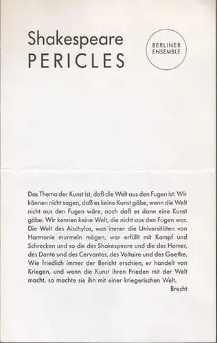Berliner Ensemble. Shakespeare: Shakespeares Pericles.  Regie Peter Palitzsch.    Masken Werner Strauchmann.    Bühne  Karl Kneidl.   Musik.. 
