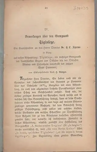 Böttger, H: Bemerkungen über den Grenzpunkt Tigislege. Ein Sendschreiben an den Herrn Director Dr. H.L. Ahrens in Bezug auf dessen Abhandlung: Tigislege, ein wichtiger Grenzpunkt.. 