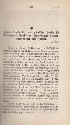 Vogell, Baumeister / Baurath Mithoff: Inhalts-Angabe der dem historischen Vereine  für Niedersachsen überlieferten  Beschreibungen vaterländischer Kirchen nebst Zubehör.  Beiträge No.  VIII / X / XII. 