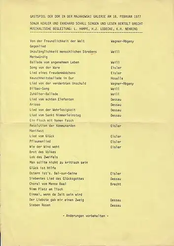 Singen und Lesen  Bertolt Brecht.   Spielzeit  18. 02. 1977.  Musikalische Begleitung : Hampe, L. / Lüdecke H. J. / Nehring, K. N