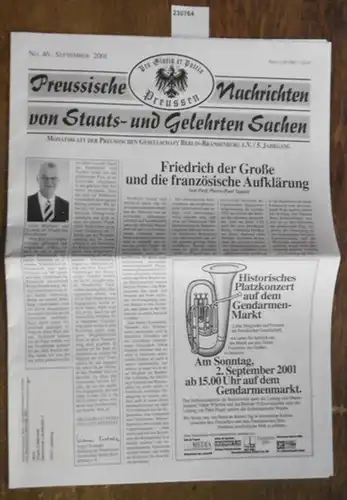 Preußische Nachrichten.   Tschapke, Volker (Herausgeber): Preussische Nachrichten von Staats  und Gelehrten Sachen. Jahrgang 5, No. 46, September 2001. Monatsblatt der Preussischen Gesellschaft.. 