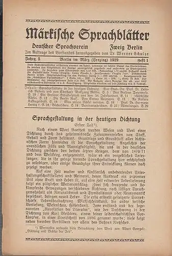 Märkische Sprachblätter. - Schulze, Werner (Herausgeber): Märkische Sprachblätter. Jahrgang 5, Heft 1, März 1929. Deutscher Sprachverein - Zweig Berlin. Im Inhalt u.a.: Heinrich Brömse und...