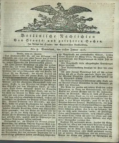 Berlinische Nachrichten: Berlinische Nachrichten. Von Staats- und gelehrten Sachen. No. 9.  Sonnabend, den 20sten Januar 1816 und No.10. Dienstag, den 23. Januar 1816. 