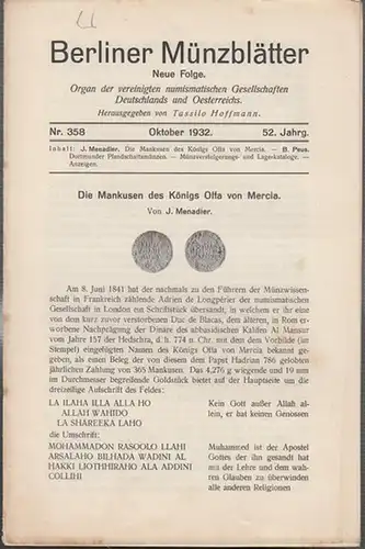 Münzblätter, Berliner.  Tassilo Hoffmann (Hrsg. und Schriftltg.) -  J. Menadier / B. Peus  (Autoren): Berliner Münzblätter.  52.  Jahrg. - Nr...