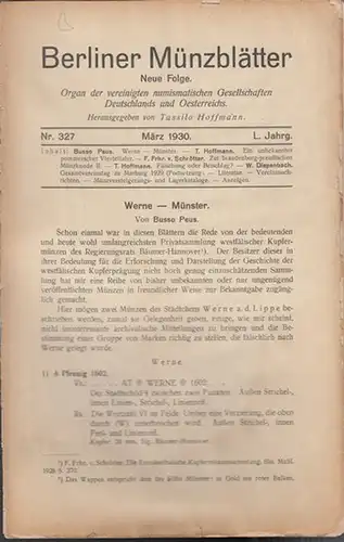 Münzblätter, Berliner.  Tassilo Hoffmann (Hrsg. und Schriftltg.)    Busso Peus / Tassilo Hoffmann / F. Frhr.   Von Schrötter /.. 