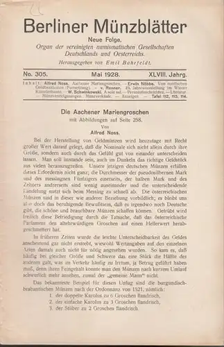 Münzblätter, Berliner.  Emil Bahrfeldt (Hrsg. und Schriftltg.)    Alfred Noss / Erwin Nöbbe / v. Renner / W. Schwinkowski  (Autoren): Berliner.. 