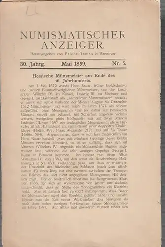 Numismatischer  Anzeiger.   Friedrich Tewes (Hrsg.)    P. Weinmeister   (Autoren): Numismatischer  Anzeiger.  30. Jahrg.   Mai.. 