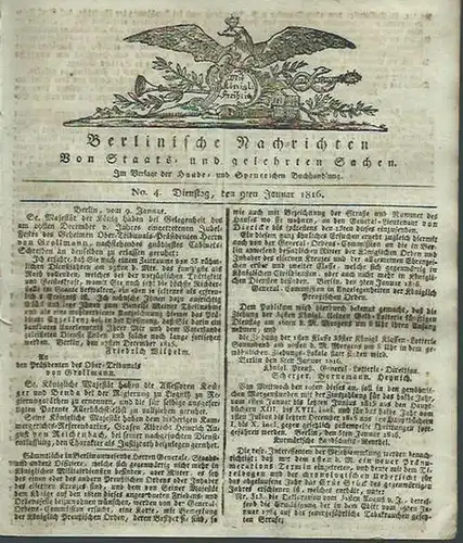 Berlinische Nachrichten: Berlinische Nachrichten. Von Staats- und gelehrten Sachen. No. 4.  Dienstag, den 9ten Januar 1816 und No.5. Donnerstag, den 11. Januar 1816. 