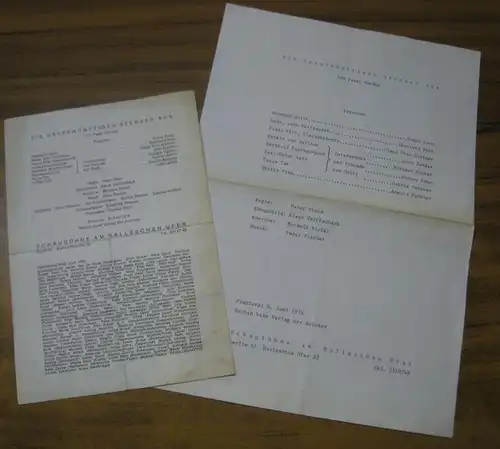 Besetzungslistez zu: Die Unvernünftigen sterben aus, Premiere 6. Juni 1974.   Regie: Stein, Peter.   Bühne: Weiffenbach, Klaus.   Kostüme: Bickel, Moidele.. 