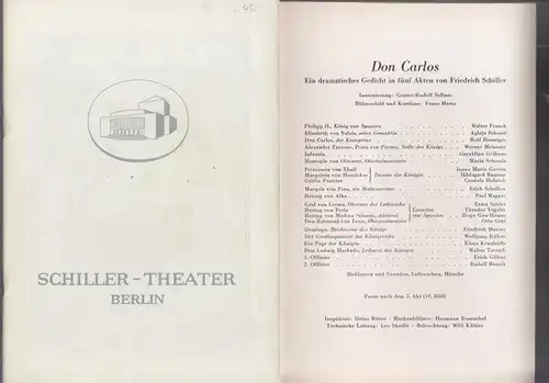 Berlin Schiller Theater. - Boleslaw Barlog (Intendanz / Hrsg.): Don Carlos. Spielzeit 1954 / 1955, Heft 43. Insz.: Gustav-Rudolf Sellner. - Bühnenbild und Kostüme: Franz...