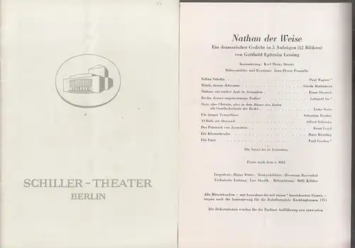 Nathan der Weise. Spielzeit 1954 / 1955, Heft 46. Programmhefte des Schiller Theaters Berlin. Insz.: Karl Heinz Stroux.   Bühnenbild und Kostüme: Jean Pierre.. 