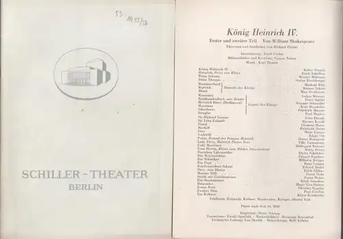 Berlin Schiller Theater.   Boleslaw Barlog (Intendanz / Hrsg.).   William Shakespeare: König Heinrich IV. Erster und zweiter Teil. Spielzeit 1955 / 1956.. 