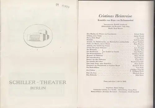 Cristinas Heimreise. Spielzeit 1956 / 1957, Heft 59. Programmheft des Schiller Theaters Berlin. Insz.: Rudolph Steinboeck.   Bühnenbilder und Kostüme: Fritz Butz.. 