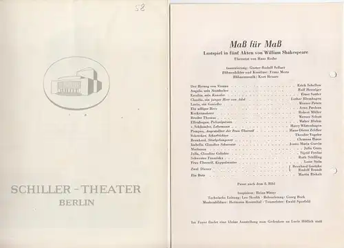 Berlin Schiller Theater. - Boleslaw Barlog (Intendanz / Hrsg.). - William Shakespeare: Maß für Maß. Spielzeit 1956 / 1957. Heft 58. Programmheft des Schiller Theaters...