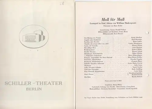 Maß für Maß. Spielzeit 1956 / 1957. Heft 58. Programmheft des Schiller Theaters Berlin. Insz.: Gustav Rudolf Sellner.   Bühnenbilder und Kostüme: Franz Mertz.. 