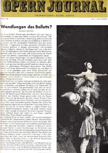 Opern Journal.- Deutsche Oper Berlin. Sellner, Gustav Rudolf  (Hrsg.) - Thomas-M. Langner (Textred.) /  Wilhelm Reinking (Bildred.): Opernjournal / Das Opern Journal -  Spielzeit 1967/68  Nr. 3   November -  Informationen-Bilder-Essays. 