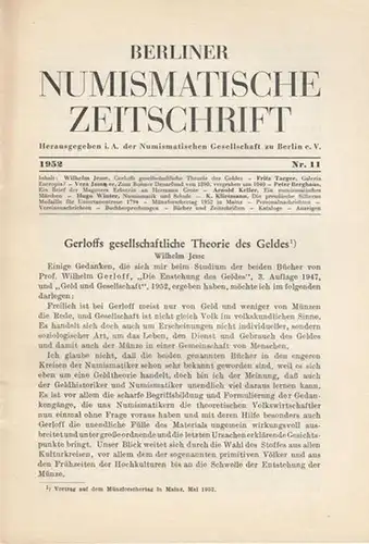 Numismatische Gesellschaft zu Berlin (Hrsg.) - Stamm, Herbert C. / Waldemar Wruck (Schriftltg.): Berliner Numismatische Zeitschrift. 1952 - Nr. 11  -   Band I. 