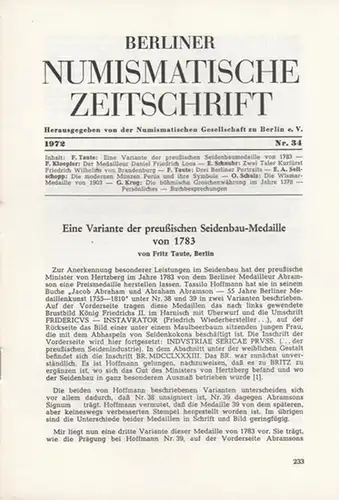 Numismatische Gesellschaft zu Berlin (Hrsg.) -  Fritz Taute  (Schriftltg.): Berliner Numismatische Zeitschrift. 1972 - Nr. 34.   Band III. 