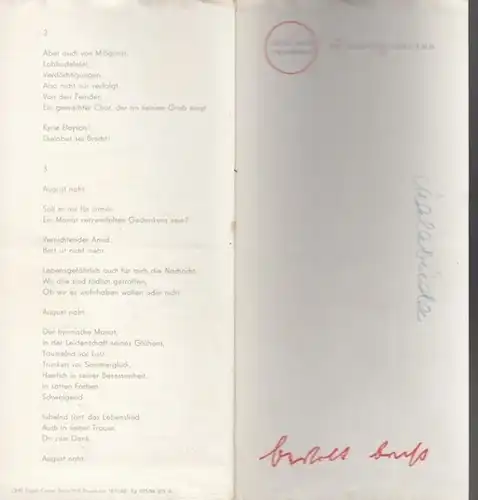 Berliner Ensemble Am Schiffbauerdamm.  Brecht, Bertolt. - Musik: Dessau, Paul: Zum 60 . Geburtstag von Brecht, Bertolt am 10. Februar 1958.  Mit Busch, Ernst / Christian, Norbert / Beneckendorff, Wolf / Busch, Ernst / Weigel, Helene / Raumer, Helge / Fran