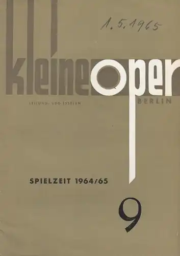 Der Wildschütz. Spielzeit 1964 / 1965. Programmhefte der Kleinen Oper Berlin, Heft 9. Insz.: Udo Esselun, musikalische Leitung: Gerhard Hüttig, mit u.a.: Walter Tschernich, Marianne.. 