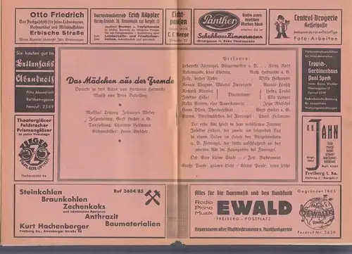 Stadttheater Freiberg / Sachsen.   Intendanz: Ernst Lüsenhop.   Hermann Hermecke: Das Mädchen aus der Fremde. Programmheft des Stadttheaters Freiberg / Sachsen. Operette.. 