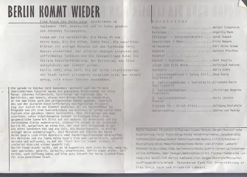 Berlin kommt wieder. Regie: Felsenstein, Johannes.  Mit Tschernich, Walter / Mann, Angelika / Nowack, Horst / Matern, Fritz / Grewe, K.H. / Pfeiffer, Herbert/ Pesalla, Bert u.a. Musikalische Ausarbeitung: Terry Truck // Wovon kann der Landser denn  nur tr