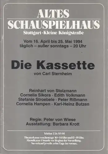 Die Kassette. Spielzeit 1994 / 1995. Regie: Wiese, Peter von. Ausstattung: Krott, Barbara. Darsteller: Stolzmann, Reinhart von / Sikora, Cornelia / Stroebele, Stefanie / Volkmann, Edith / Rißmann, Peter / Hampen, Cornelia / Butzen, K.H