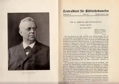 Bibliothekswesen, Zentralblatt für.   Georg Leyh, H. A. Krüss, Konrad Burdach, Fritz Milkau, Gotthold Naetebus, Hermann Escher, Paul Lehmann, Alban Dold, Willi Göber, Henri.. 