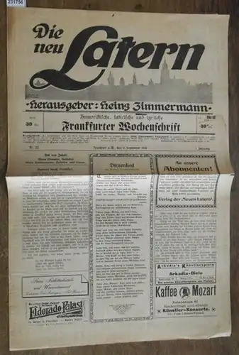 Zimmermann, Heinz: Die neu Latern. Jahrgang 1, Nr. 22, 2. September 1919. Herausgeber: Heinz Zimmermann. Humoristische, satirische und lyrische Frankfurter Wochenschrift.