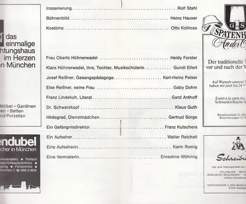 München.   Wedekind, Frank: Musik.  Ein Sittengemälde. Inszenierung Stahl, Rolf.  Bühne Hauser, Heinz.  Kostüme Kollross, Otto.  Darsteller  : Forster.. 