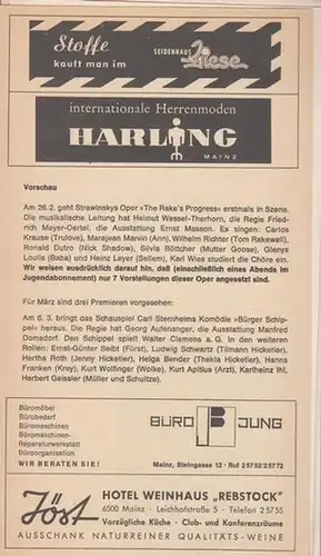 Mainz, Städtisches Theater. - Sternheim, Carl: Bürger, Schippel.  Spielzeit 1969. Inszenierung: Aufenanger, Georg. Ausstattung: Domsdorf, Manfred.  Mit Seibt, E. G. / Schwartz, Ludwig / Roth, Hertha / Bender, Helga / Franken, Hanns u.a. 