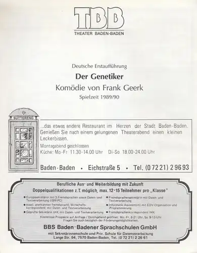 Der Genetiker. Deutsche Erstaufführung. Spielzeit 1989 / 1990. Inszenierung: Kroneberg, Immo. Bühne: Schwartzkopff, Helga.  Mit Benesch, Irmgart / Hildebrand, Horst / Schirren, Lorenz
