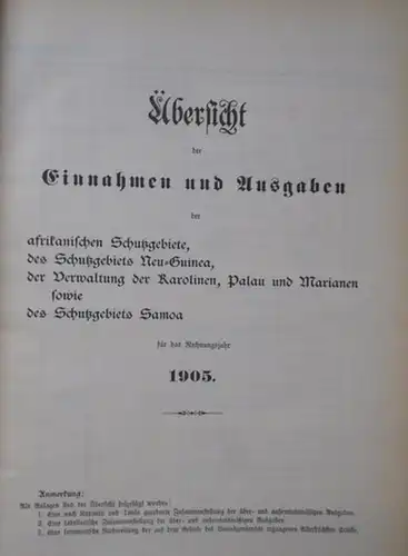 Reichskanzlei / Reichskanzler in Vertretung Sydow und Freiherr von Stengel: Übersicht über die Einnahmen und Ausgaben der afrikanischen Schutzgebiete auf das Rechnungsjahr 1905. Schutzgebiet Neu.. 