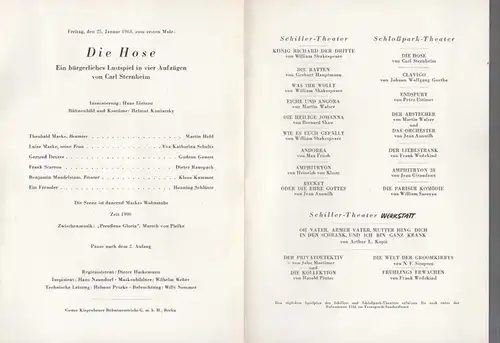 Die Hose. Bürgerliches Lustspiel. Spielzeit  1963. Intendant: Barlog, Boleslaw. Inszenierung:  Lietzau, Hans.  Bühne /  Kostüme:  Koniarsky, Helmut. Darsteller:  Held.. 