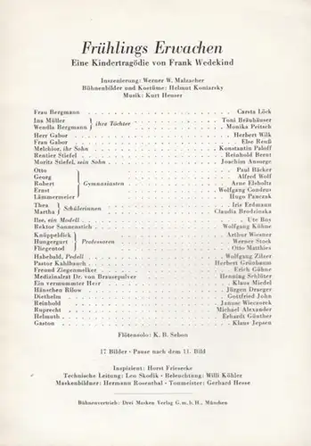 Frühlings Erwachen. - Barlog, Boleslaw. Spielzeit 1963 / 1964. Inszenierung: Malzacher, W. W. - Bühne /  Kostüme:  Koniarsky, Helmut / Musik: Heuser, Kurt.  Darsteller: Carsta Löck, Toni Bräuhäuser. Monika Peitsch, Herbert Wilk u.a