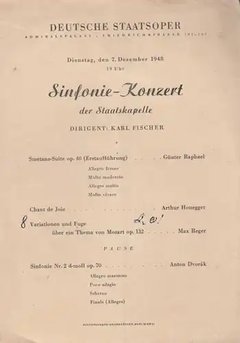Sinfonie   Konzert der Staatskapelle.  Dirigent: Fischer, Karl. Spielzeit 1948.   Musik von Smetana   Suite op. 40 ( Erstaufführung ).. 
