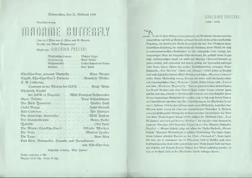 Berlin . Ehemalige Staatstheater. - Deutsche Staatsoper. - Musik: Giacomo Puccini: Madame Butterfly.  Neuinszenierung.  Spielzeit 1946.  Musikalische Leitung:  Jäger, Richard. Inszenierung:...