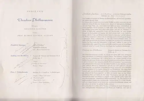 Dresdner Philharmoniker. - Friedrich Smetana. - L. v. Beethoven. - P. Tschaikowskij: 2. Sinfonie - Konzert.  Spielzeit 1952. Dirigent: Leistner, Siegfried. - Solist / Klavier, Fischer, Rudolf. 