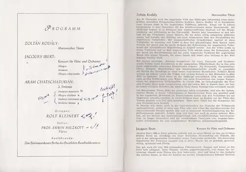 4. Sinfoniekonzert : Kodaly, Zoltan - Marosszeker Tänze / Ibert, Jacques - Konzert für Flöte und Orchester / Chatschaturian, Aram - 2. Sinfonie. - Dirigent: Kleinert, Rolf. - Solist: Milzkott, Erwin ( Flöte )