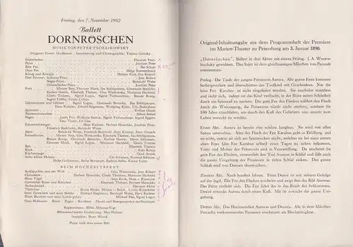 Dornröschen. Ballett.  Spielzeit 1952 / 1953.  Dirigent: Großmann, Gustav.   Inszenierung / Choreographie: Gsovsky, Tatjana.   Darsteller: Vesco, Eleonore / Peter.. 