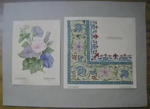 Budil, Marie: 4 farbige OriginalGrafiken. ' Der dich behütet schläft nicht ' / ' Eckmuster ' / unbenannt (Blumen / Ornamente). 