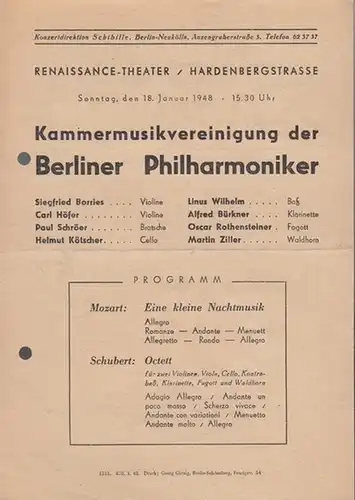 Kammermusikvereinigung der Berliner Philharmoniker. Programm: Mozart   Eine kleine Nachtmusik / Schubert: Octett. Mit: Borries, Siegfried  / Höfer, Carl (Violine) / Schröer, Paul.. 