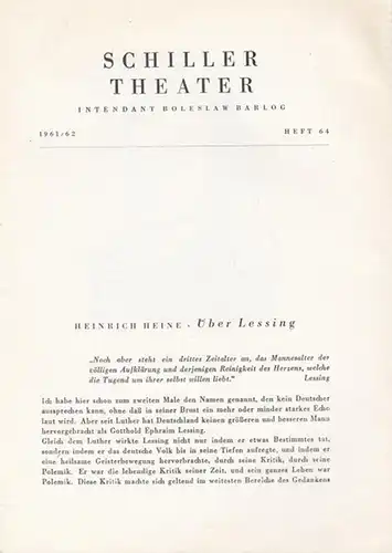 Berlin Schiller Theater. - Boleslaw Barlog (Intendanz). - G. E. Lessing: Minna von Barnhelm. Spielzeit 1961 - 1962, Heft 64. Inszenierung: Boleslaw Barlog, mit u. a.: Wilhelm Borchert, Eva-Katharina Schultz, Paul Wagner, Heidemarie Theobald, Eva Lissa, Lu