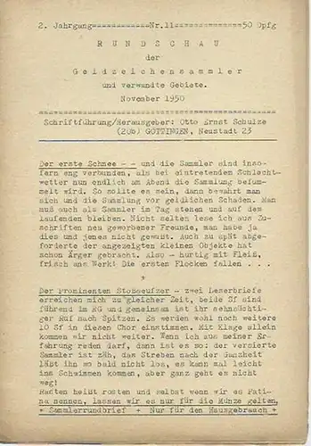 Schulze, Otto Ernst (Herausgeber): Konvolut mit 3 Heften. Rundschau der Geldzeichensammler und verwandte Gebiete (un Sammlungen besonderer Art). Jahrgang 2, Nr. 9 und 11, September und November 1950 / Jahrgang 3, Nr. 3, März 1951. 