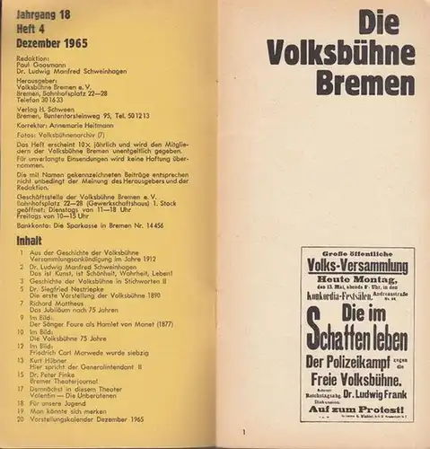 Bremen, Volksbühne.   Paul Goosmann / Ludwig Manfred Schweinhagen (Red.): Volksbühne Bremen. Heft 4 / Dezember 1965, Jahrgang 18. Aus dem Inhalt: Siegfried Nestriepke.. 